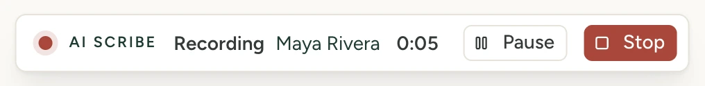 A small bar at the foot of Marge’s screen labelled AI scribe, recording Maya Rivera’s visit, with a running timer, a Pause button and a Stop button.