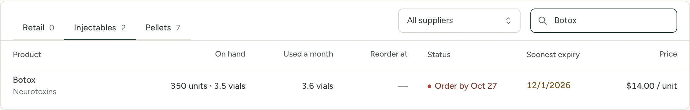 Marge’s Products list on the Injectables tab, searched for Botox: 350 units (3.5 vials) on hand, 3.6 vials used a month, status "Order by" a date, the soonest expiry date and $14.00 a unit.