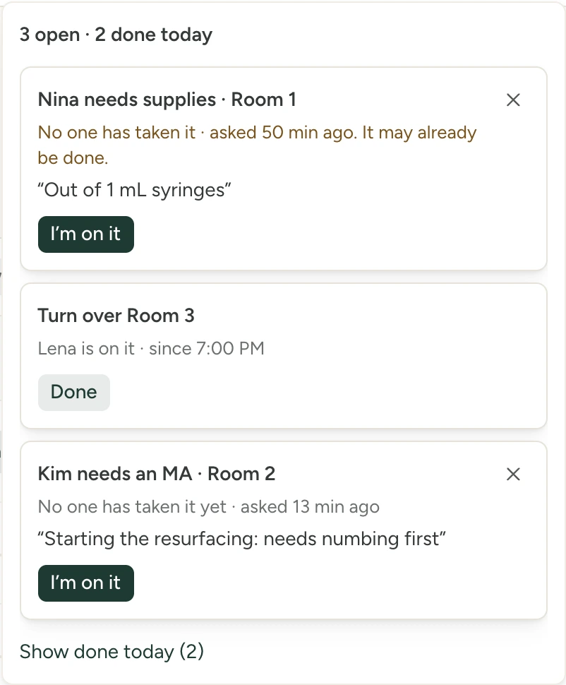 The request bell in Marge’s top bar, opened for Lena Brooks, a medical assistant. 3 open · 2 done today Nina needs supplies · Room 1 No one has taken it · asked 50 min ago. It may already be done. “Out of 1 mL syringes” I’m on it Turn over Room 3 Lena is on it · since 7:00 PM Done Kim needs an MA · Room 2 No one has taken it yet · asked 13 min ago “Starting the resurfacing: needs numbing first” I’m on it Show done today (2)
